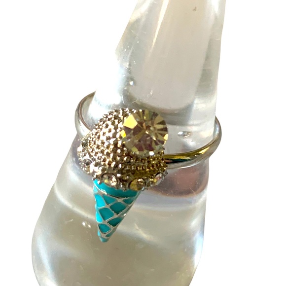 Ring ice cream cone turquoise blue enamel with crystals adjustable - Picture 1 of 7